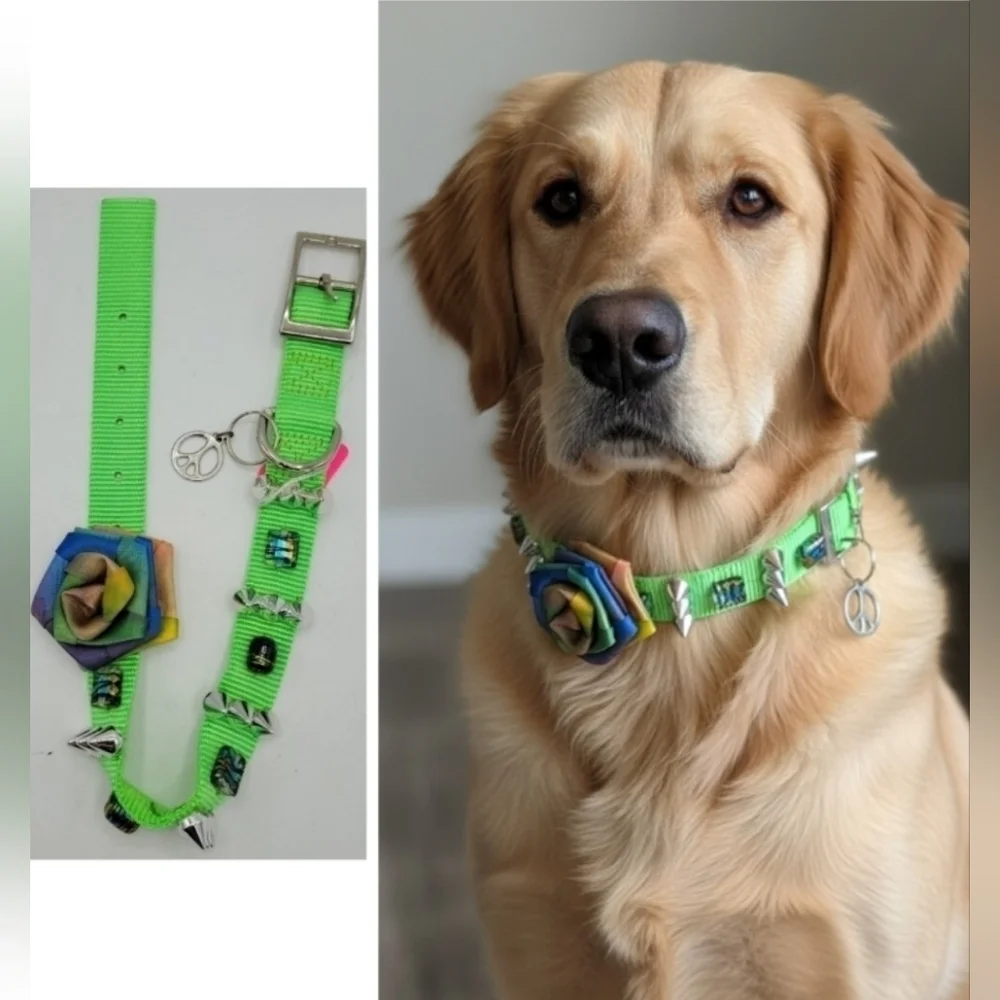 Dog Collar PSYCHEDELIC Neon Green Flower Bow Gems And Stones